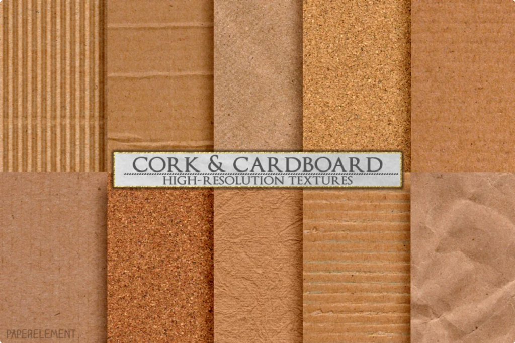 Cork, cardboard, and corrugated cardboard high-resolution textures